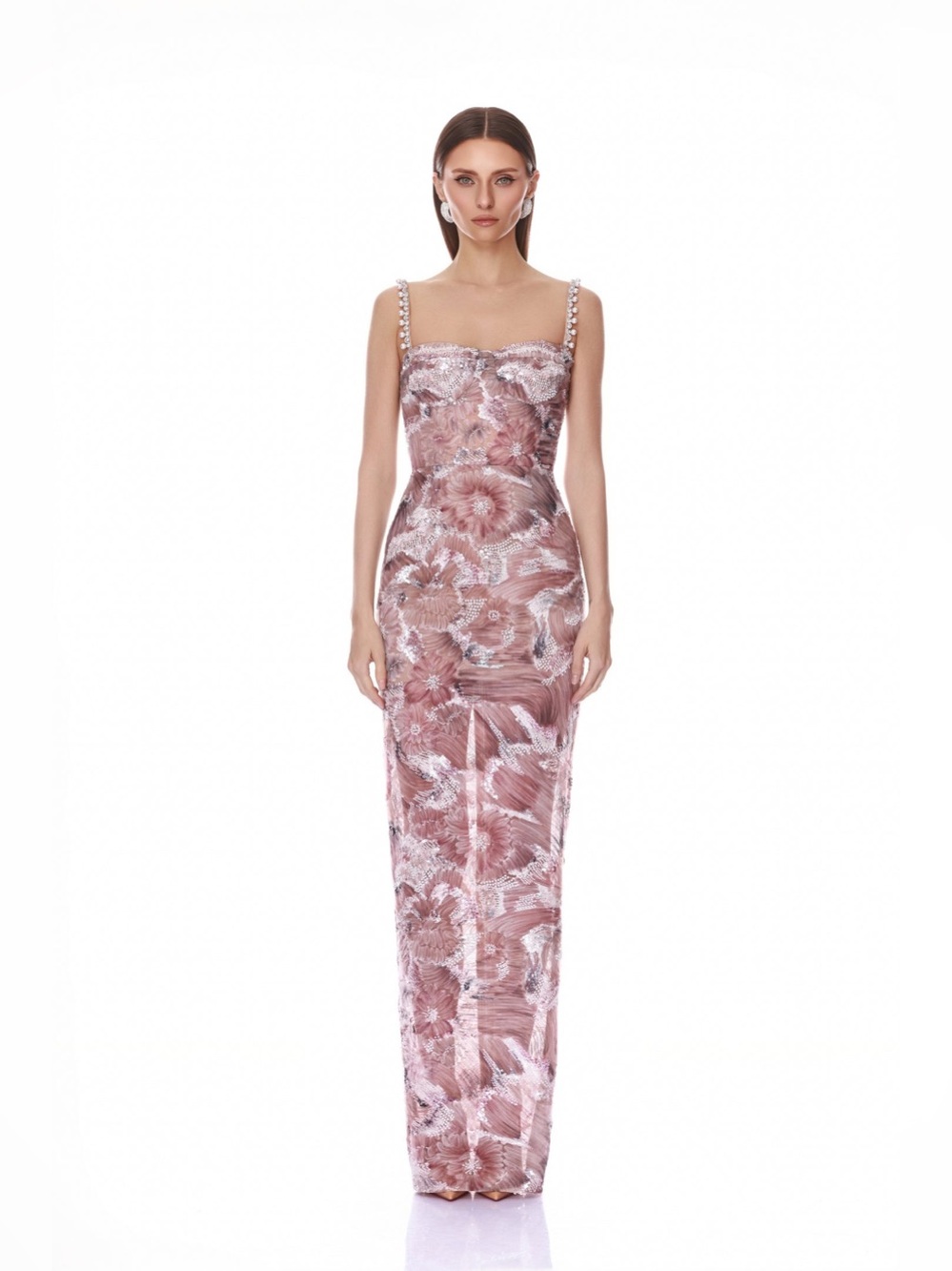 NWOT BRONX BANCO Eve Dahlia Embellished Blush Maxi Straps Column Dress in Pink